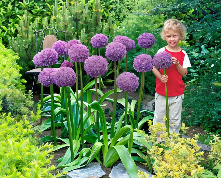 Allium 'Globemaster' aglio ornamentale gigante in fioritura nel giardino