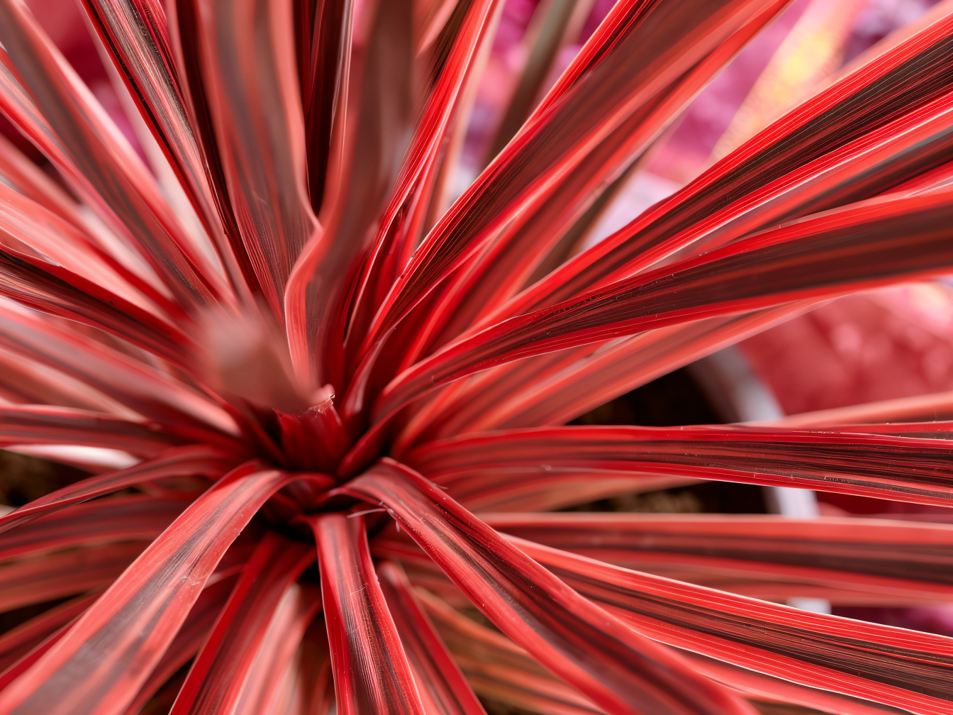 Cordyline australis 'Charlie Boy' con foglie rosso-bronzo, in vaso su terrazzo