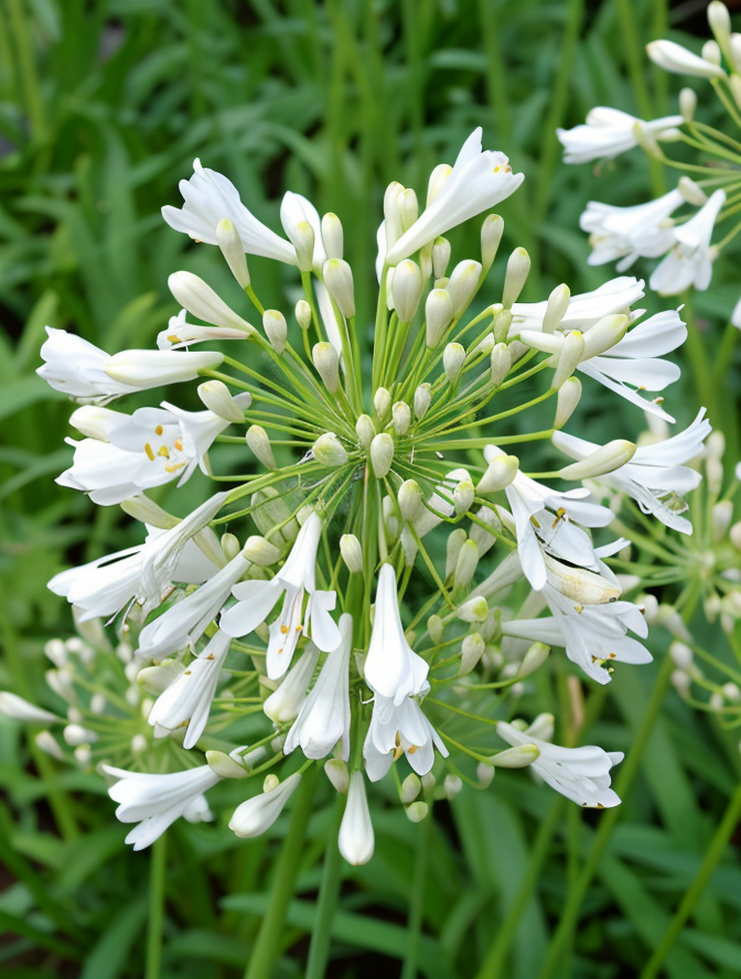 Agapanthus praecox 'Polar Ice' in piena fioritura in un giardino mediterraneo, mostrando fiori bianchi puri