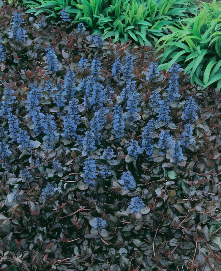 Ajuga reptans 'Atropurpurea' tappezzante con foglie viola intenso in giardino