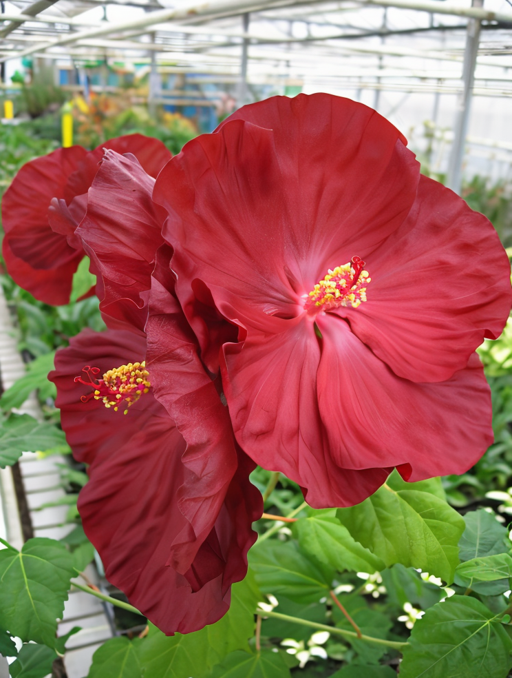 Hibiscus moscheutos 'Robert Fleming' con fiori rossi imponenti in un giardino acquatico