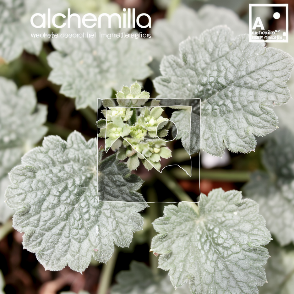 Alchemilla mollis in fiore, dettaglio del fogliame vellutato e delle spighe giallo-verdi