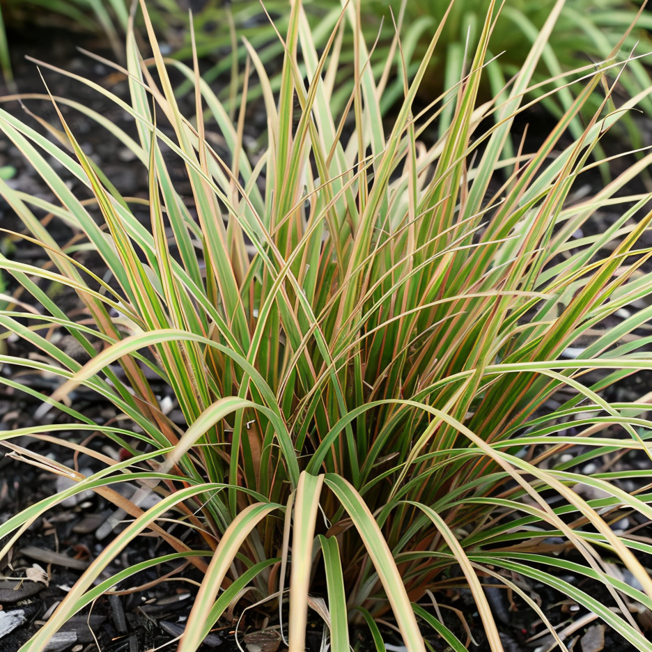 Carex testacea 'Prairie Fire' in pieno sole, foglie arancioni vibranti in un giardino moderno