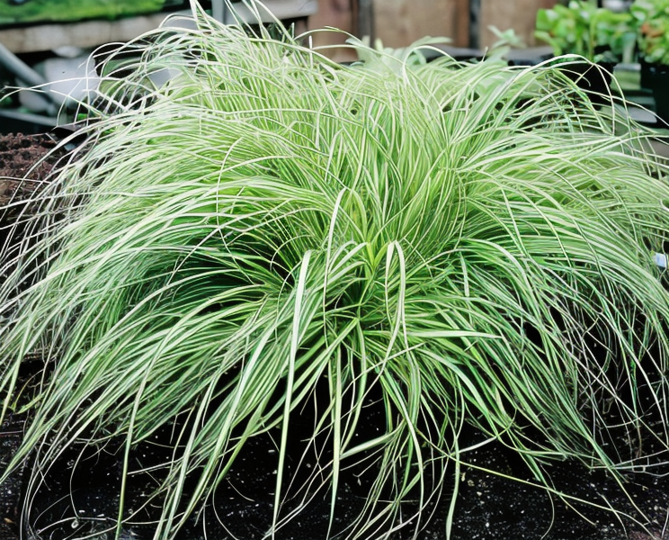 Carex oshimensis 'Evergold' in primo piano, con le sue foglie variegate giallo-verdi che catturano la luce.