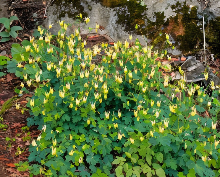 Aquilegia canadensis in piena fioritura con petali rossi e gialli in un giardino roccioso