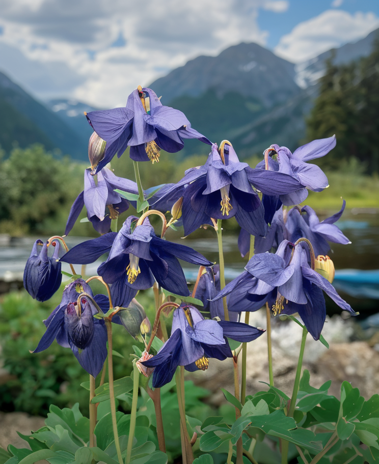 Aquilegia alpina in piena fioritura, colori vivaci in un giardino roccioso