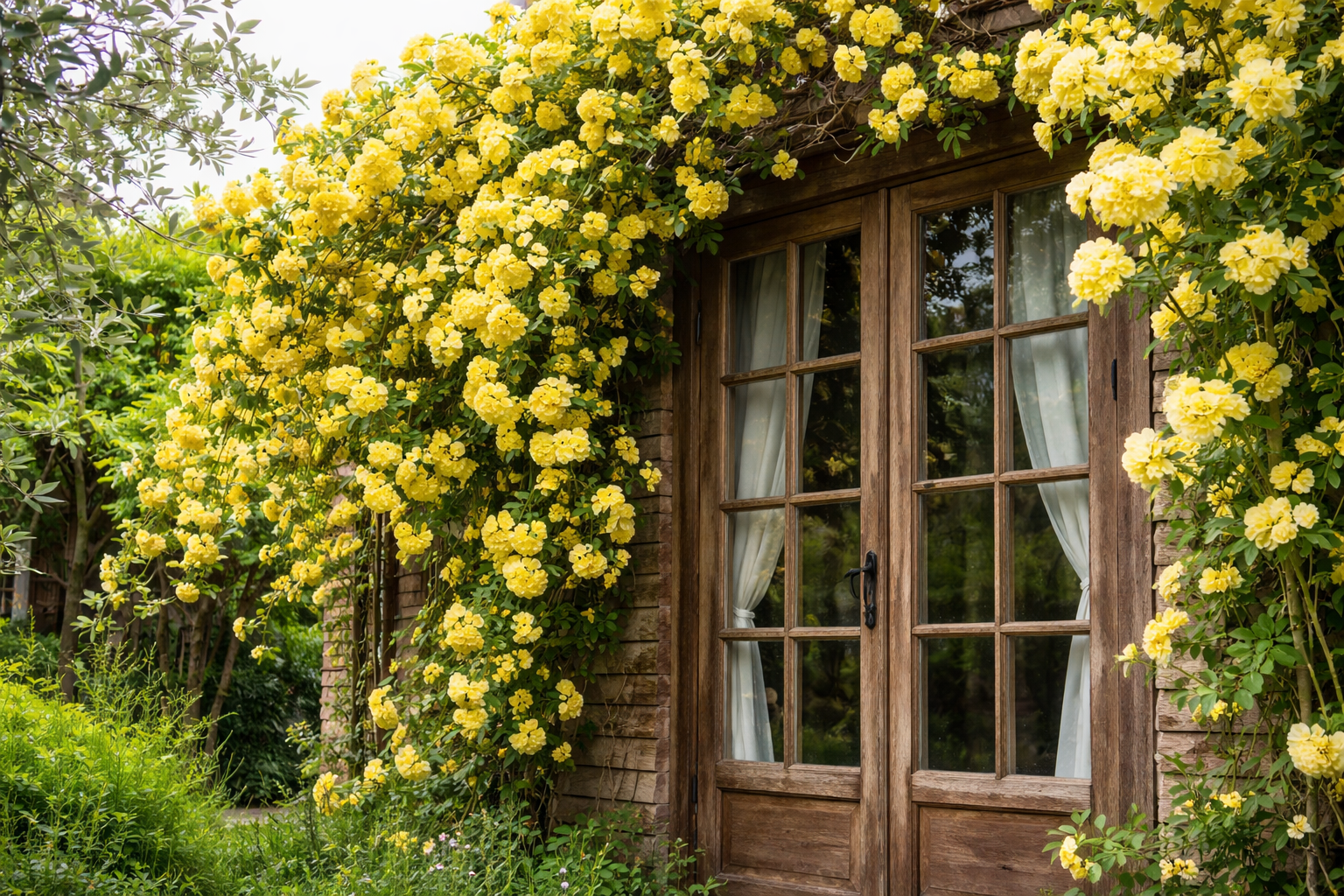 Rosa rampicante Banksiae gialla che copre una porta finestra in legno.