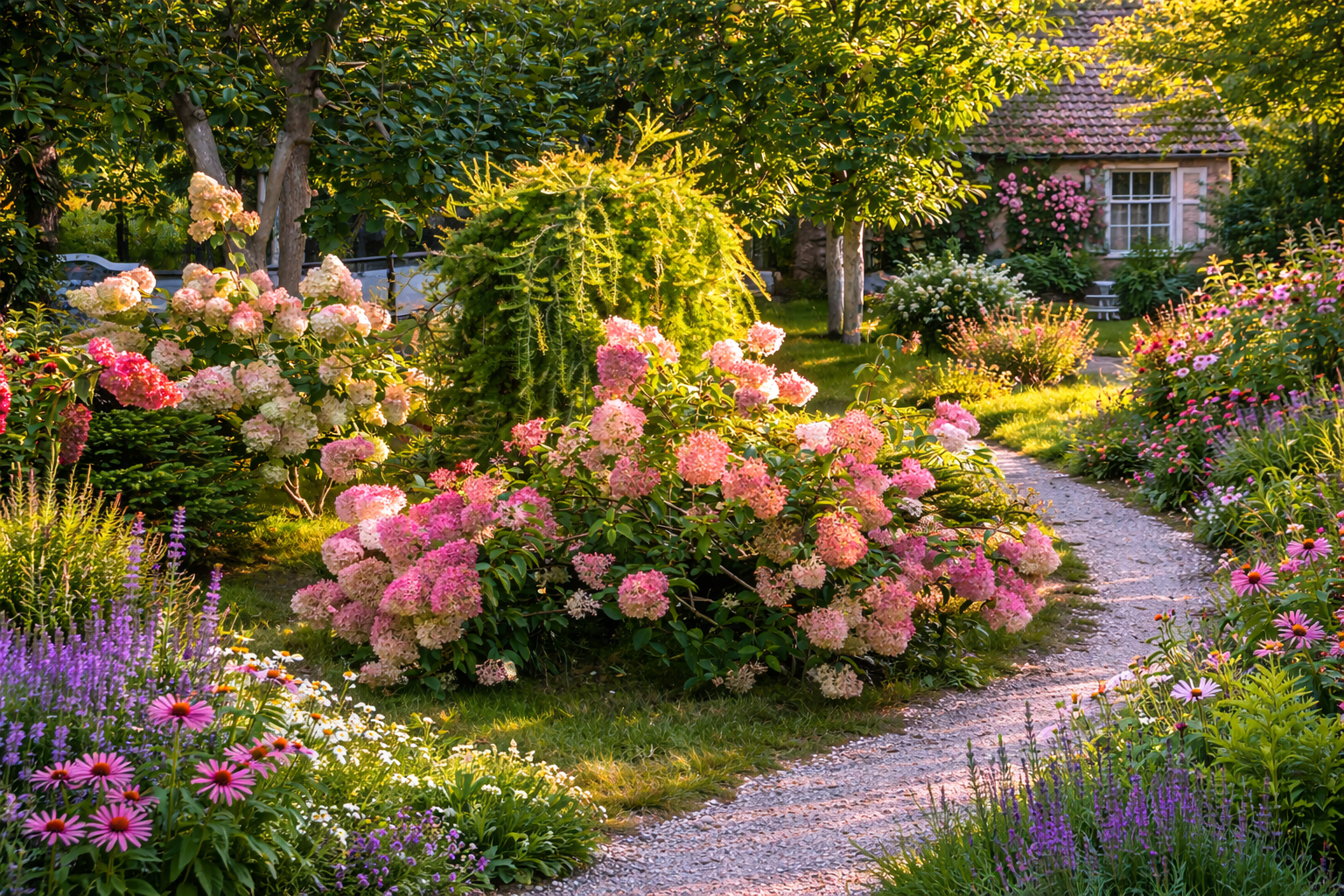 Cottage garden con ortensie rosa in fiore e vialetto curvo in ghiaia.