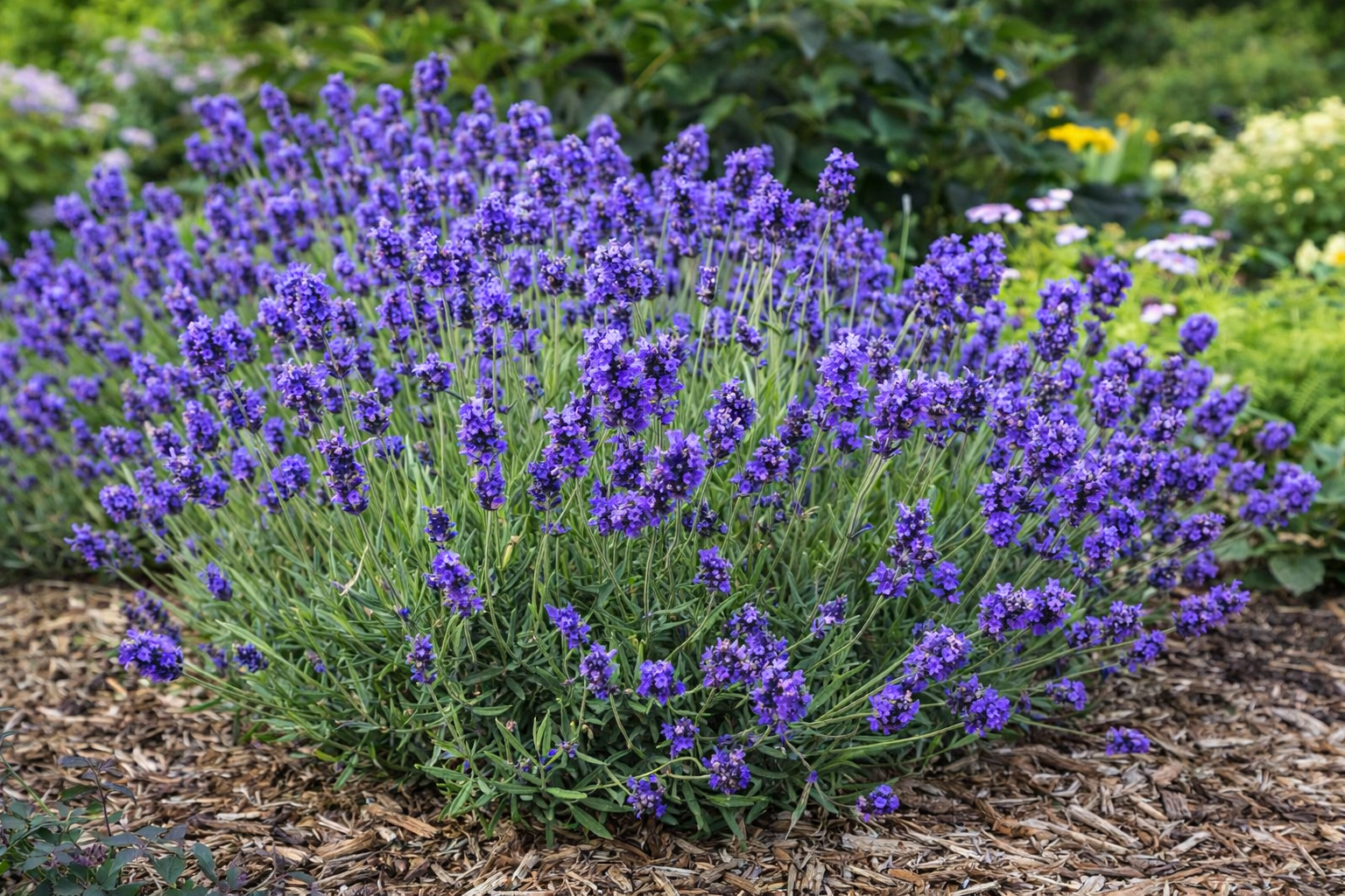 Pianta di lavanda in fiore con spighe viola e foglie verdi.
