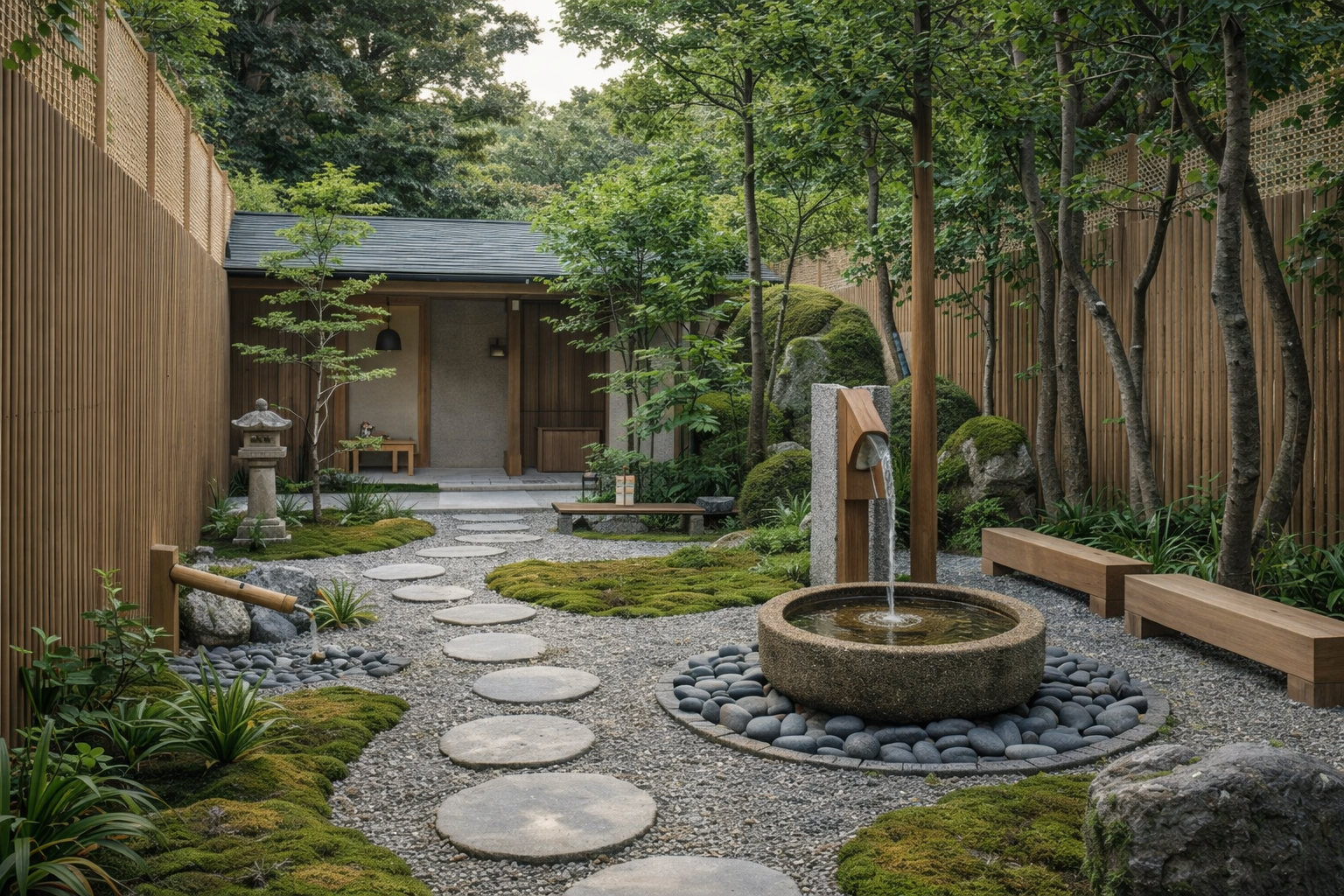 Giardino Japandi con acqua, muschio e vialetto in pietra minimalista.