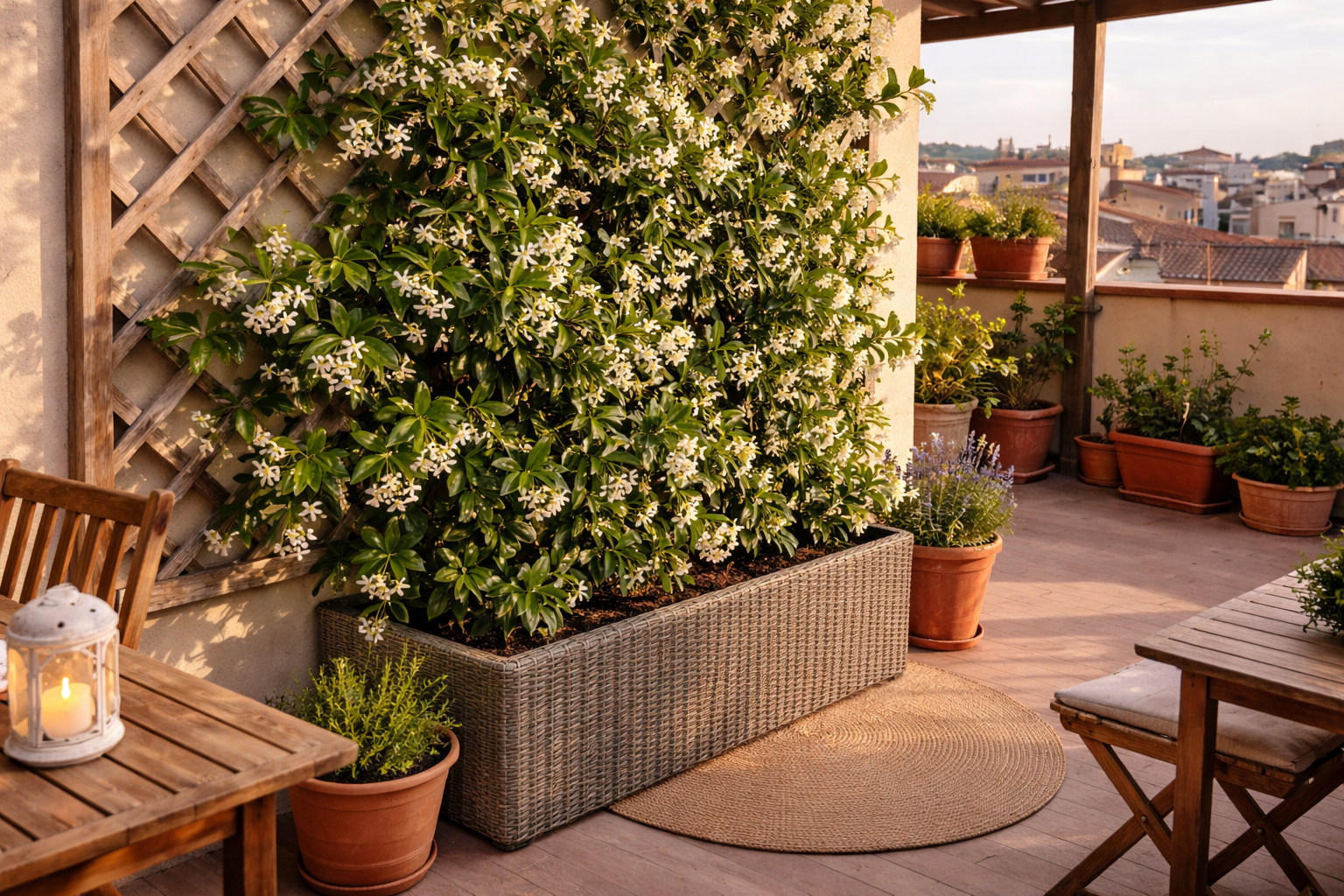 Trachelospermum jasminoides in fioriera su balcone con grigliato, fiori bianchi profumati e arredo da esterno in legno.