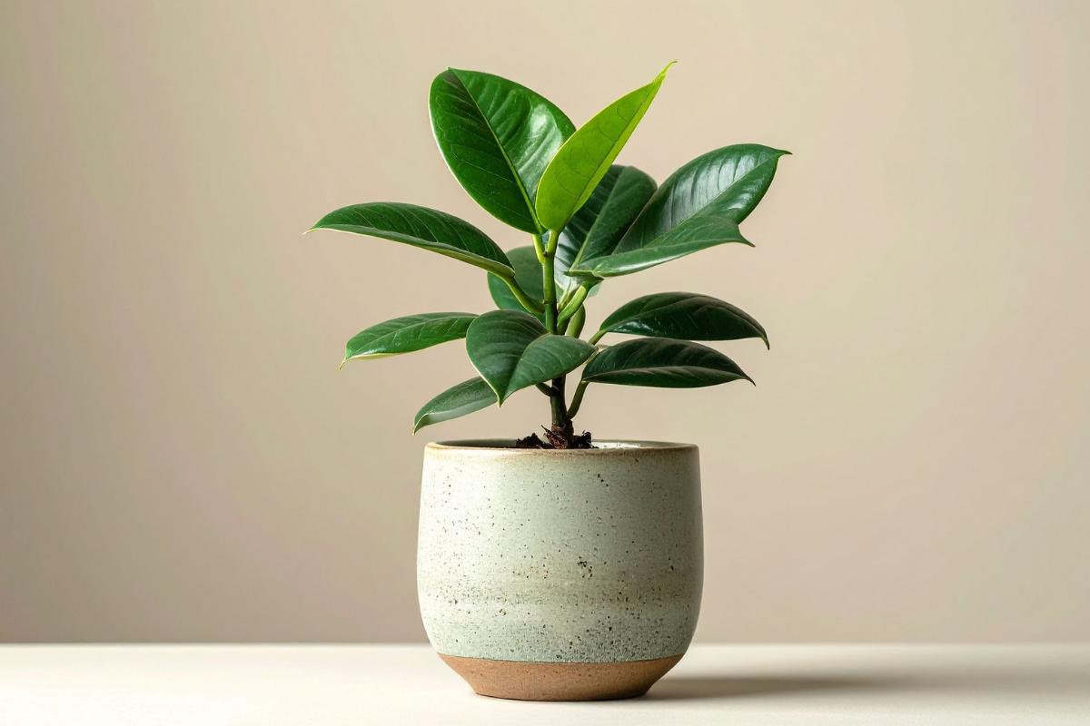 Pianta da interno con foglie verdi lucide in vaso chiaro minimalista, su sfondo neutro luminoso.