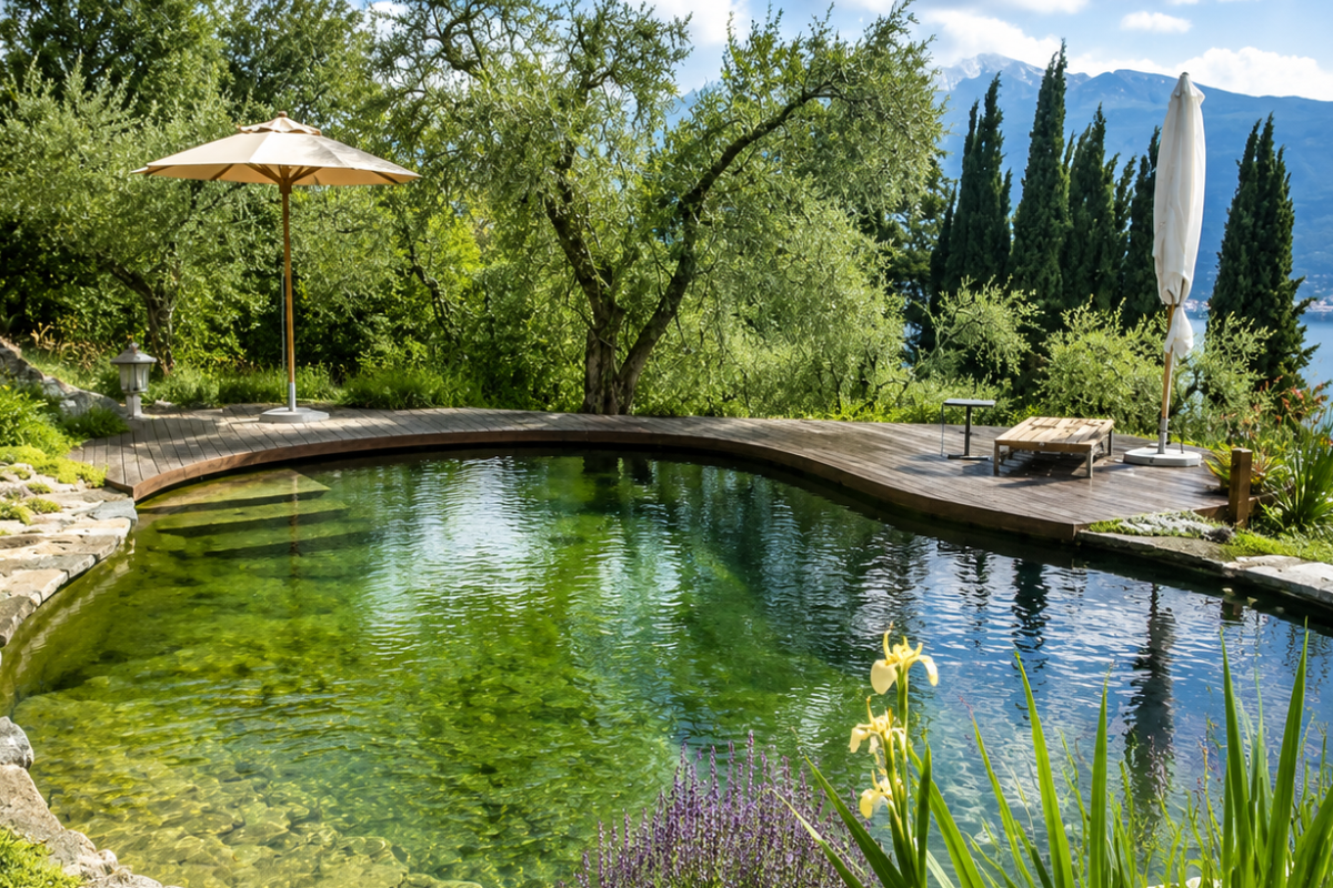 Biolago naturale in giardino paesaggistico con acqua limpida e bel panorama