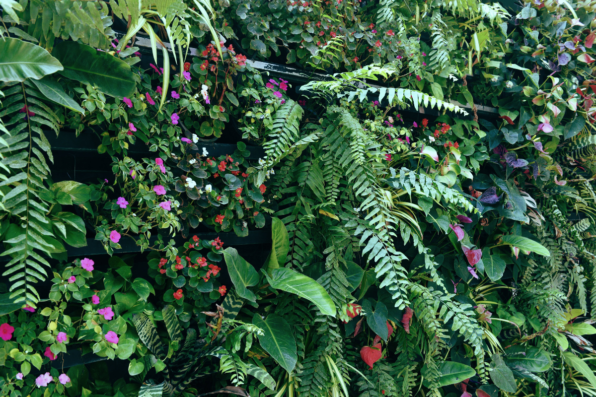 Parete verde con piante tropicali e foglie rigogliose in stile urban jungle.