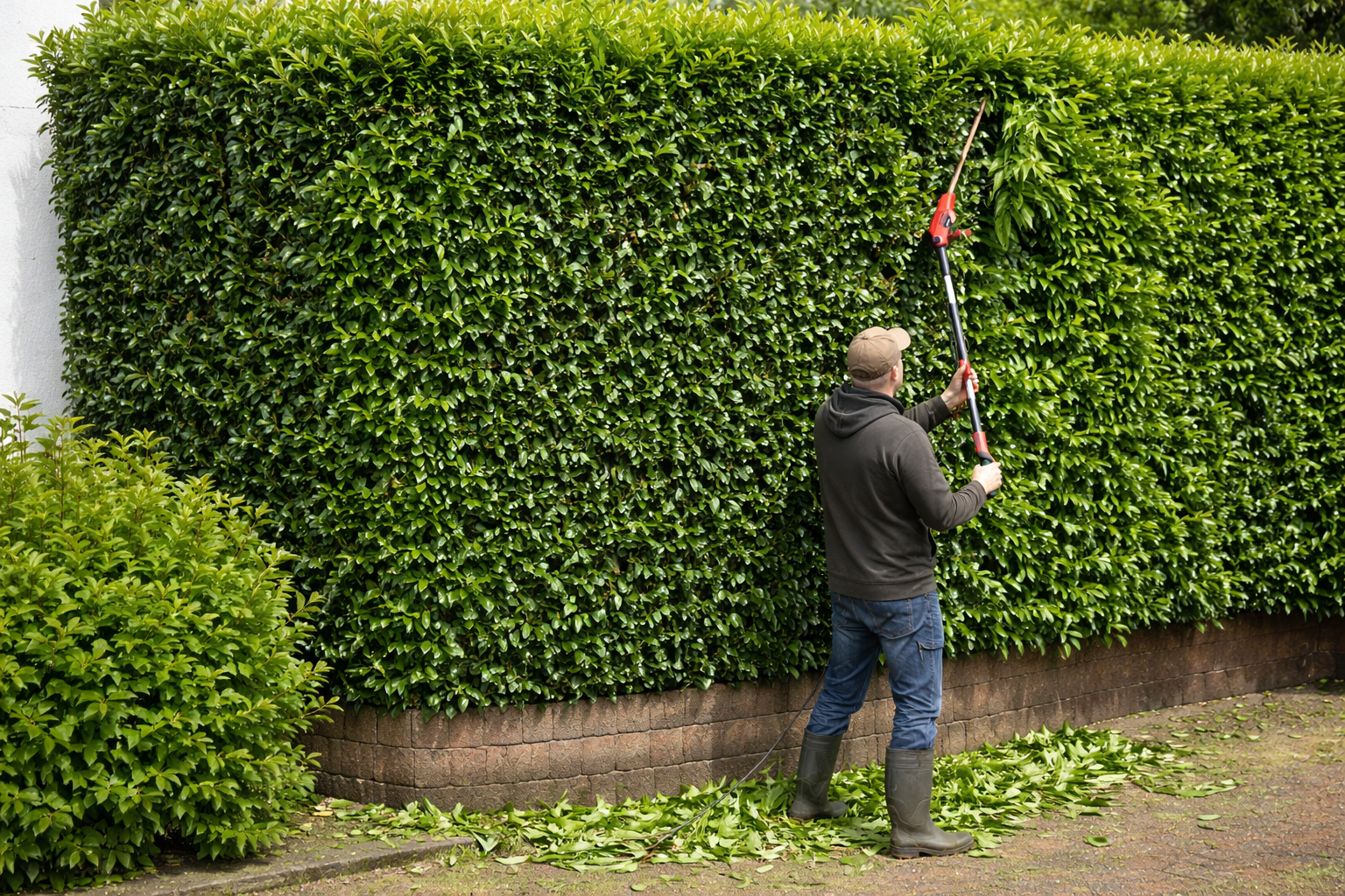 Operatore mentre pota una siepe di Lauroceraso con tagliasiepi telescopico, dettaglio della manutenzione su una barriera verde compatta in giardino.