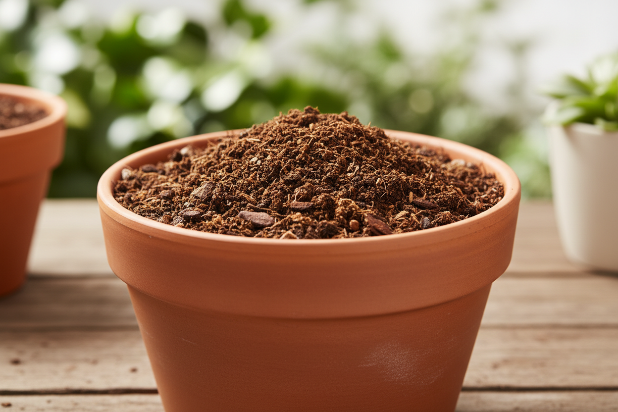Vaso in terracotta riempito con terriccio universale, su tavolo in legno con piante sullo sfondo sfocato.