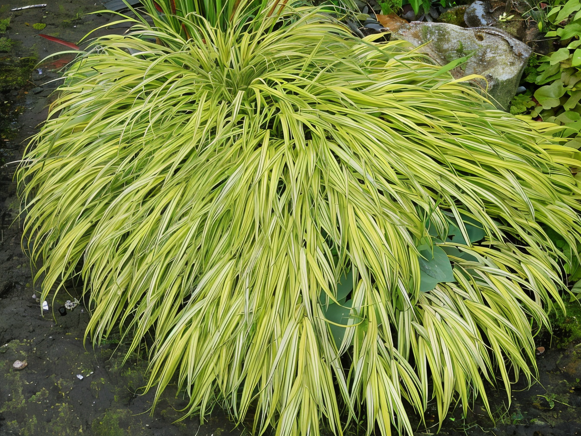 Dettaglio foglie striate di Hakonechloa macra Aureola con striature dorate longitudinali