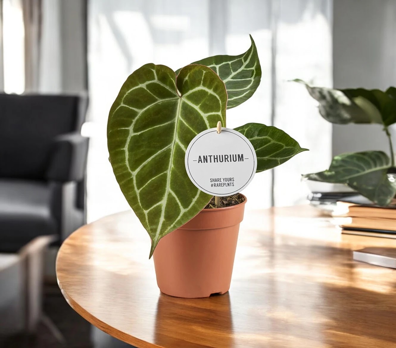 Anthurium crystallinum con foglie vellutate verde scuro e venature argentate in vaso decorativo da interno