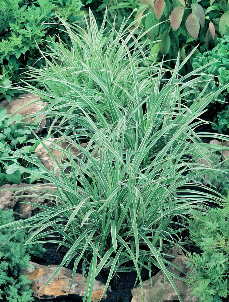 Carex morrowii Ice Dance in giardino, ciuffo compatto con fogliame variegato bianco-verde