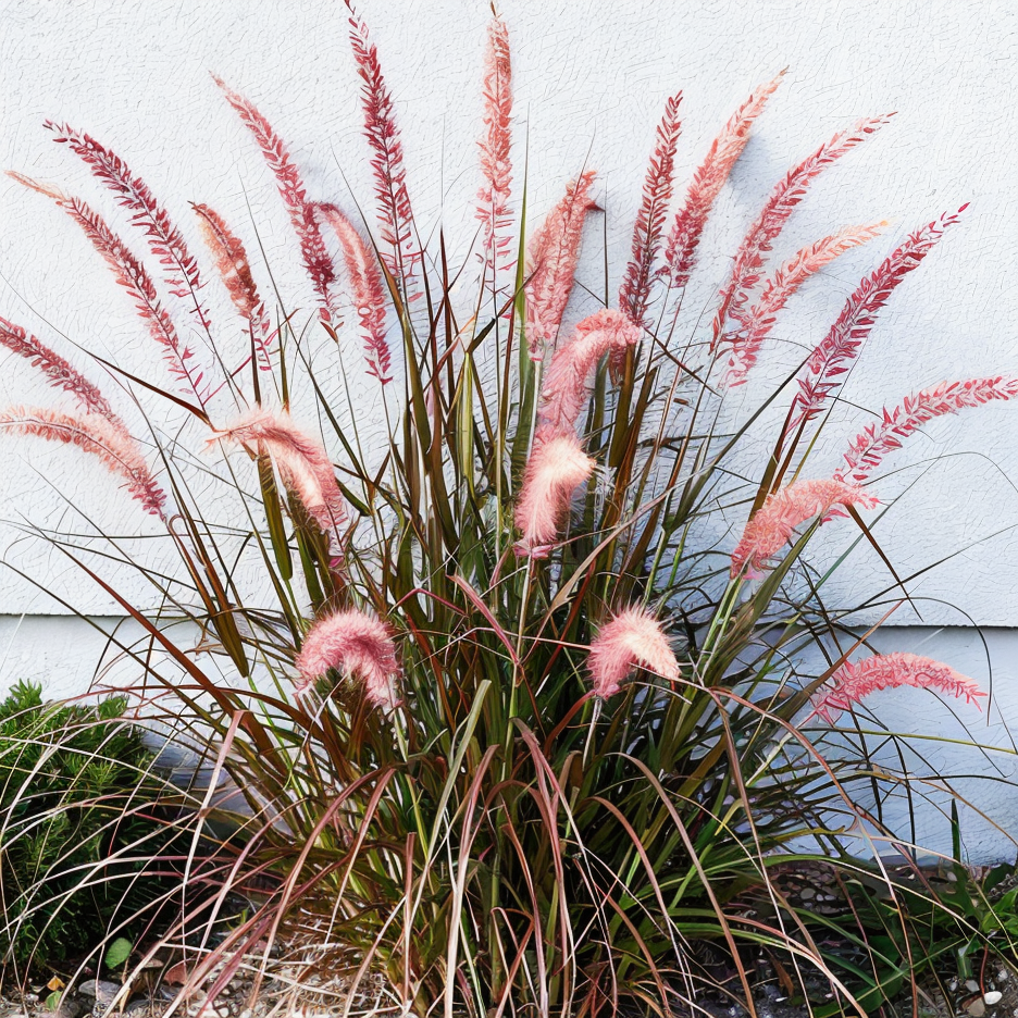 Pennisetum orientale in giardino con spighe piumose argentate