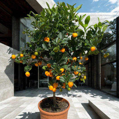 Calamondino coltivato in vaso con numerosi frutti arancioni