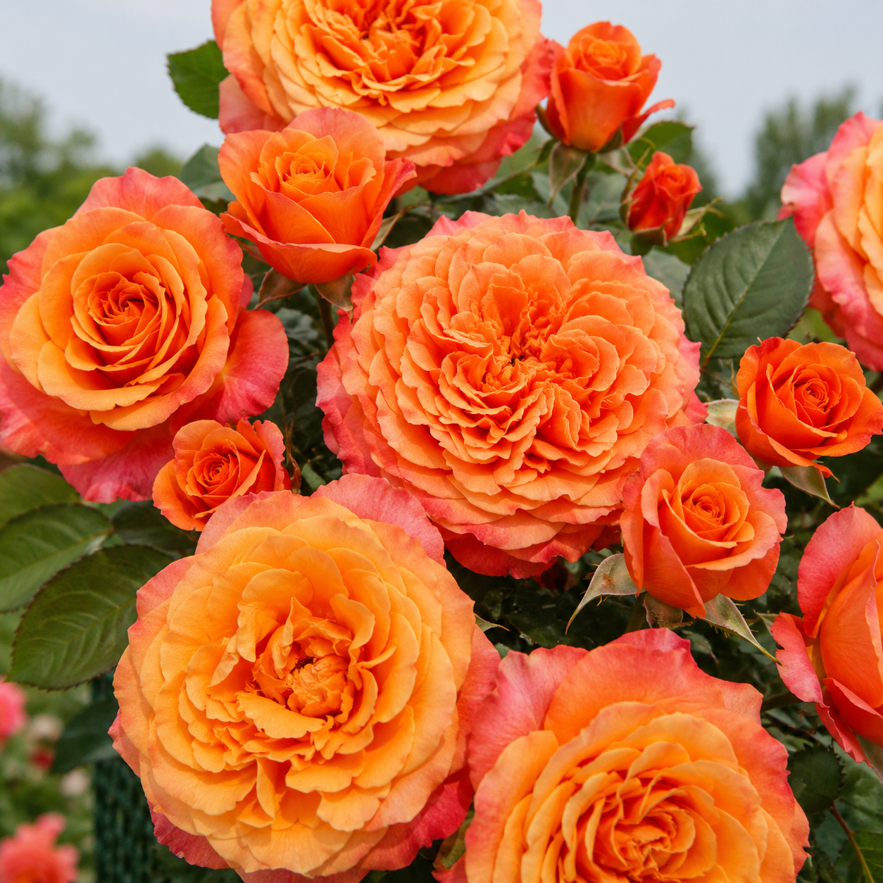 Rose ‘Villa Cotta’ arancioni in piena fioritura.