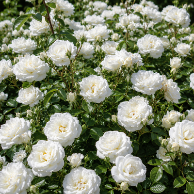 Fiori bianchi di rosa ‘White Meicoublan’ ravvicinati.