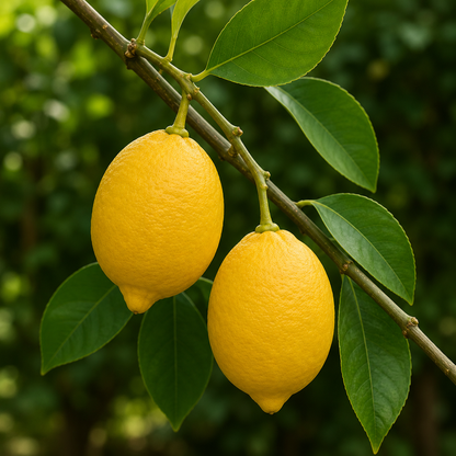 Dettaglio di limoni di Sorrento maturi appesi ai rami illuminati dalla luce naturale