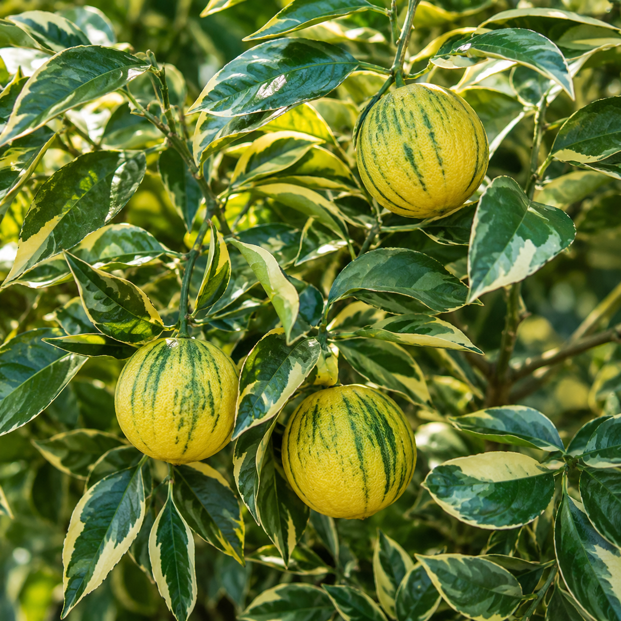 Primo piano di frutti di arancio variegato con fogliame verde e crema brillante