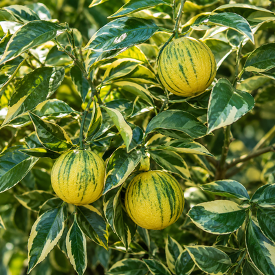Primo piano di frutti di arancio variegato con fogliame verde e crema brillante