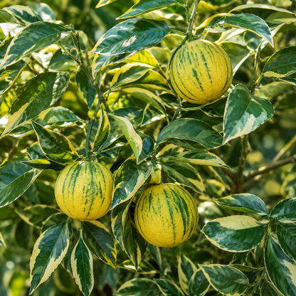 Primo piano di frutti di arancio variegato con fogliame verde e crema brillante