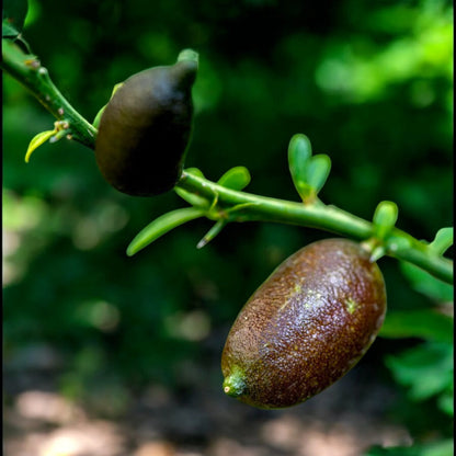 Frutti di finger lime rosa appesi ai rami