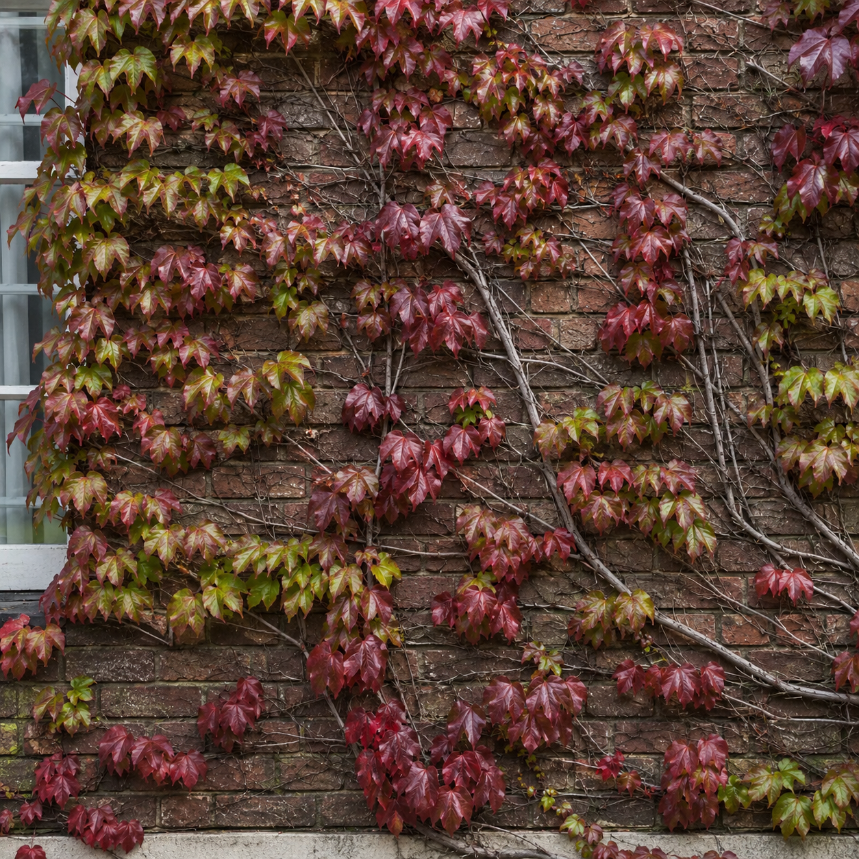 Rampicante rosso su muro in mattoni