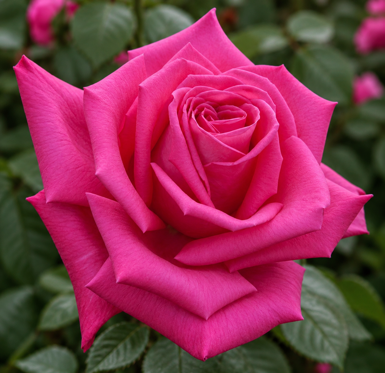 Primo piano di rosa ‘Lolita Lempicka’ color rosa intenso con petali eleganti.
