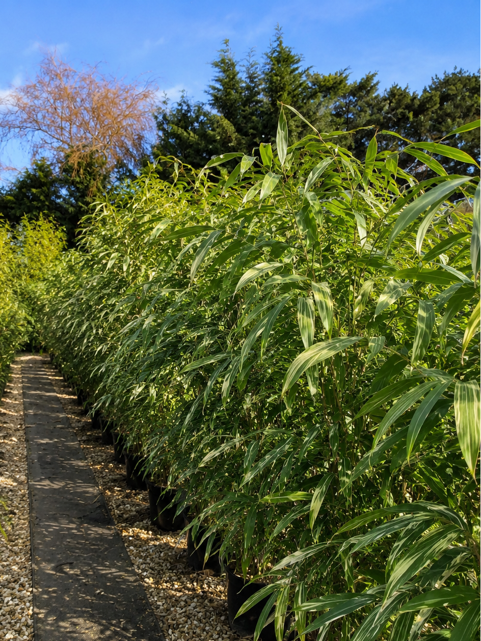 Filare di bambù Pseudosasa japonica ‘Variegata’ in vivaio con foglie verdi striate.
