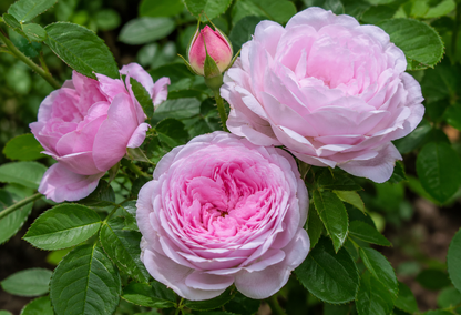 Rose ‘Baroness Rothschild’ rosa pallido in fiore.