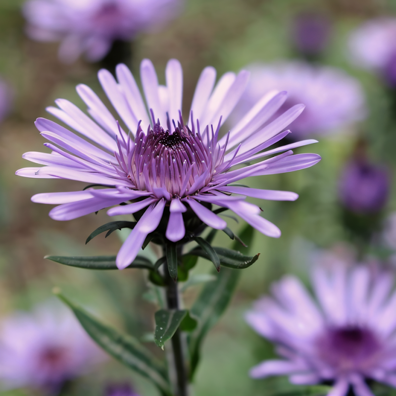 Aster 'Js Eleven Purple' in piena fioritura autunnale, in un giardino vibrante