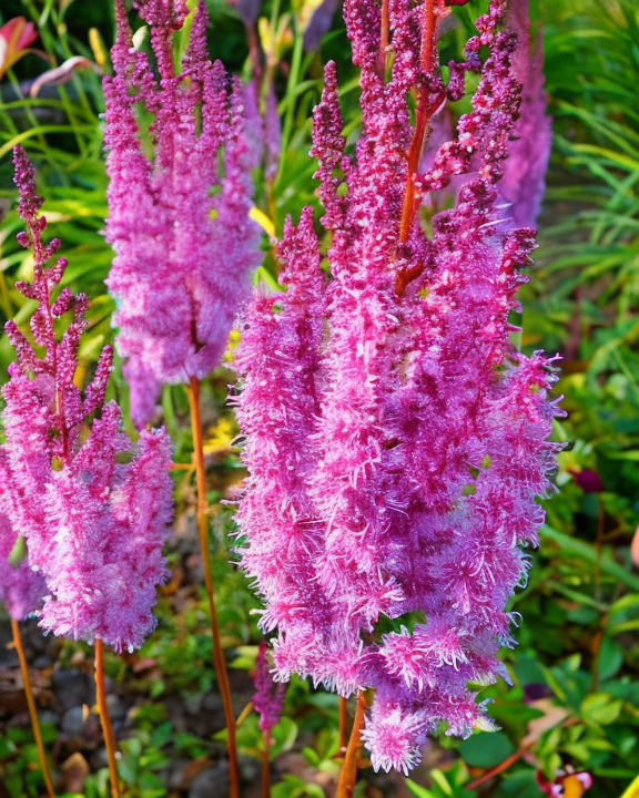 Astilbe chinensis 'Superba' in fioritura, fiori rosa-violacei piumosi