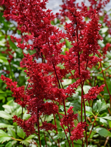 Astilbe Fanal in fiore, eleganti piume rosso rubino in un giardino ombreggiato