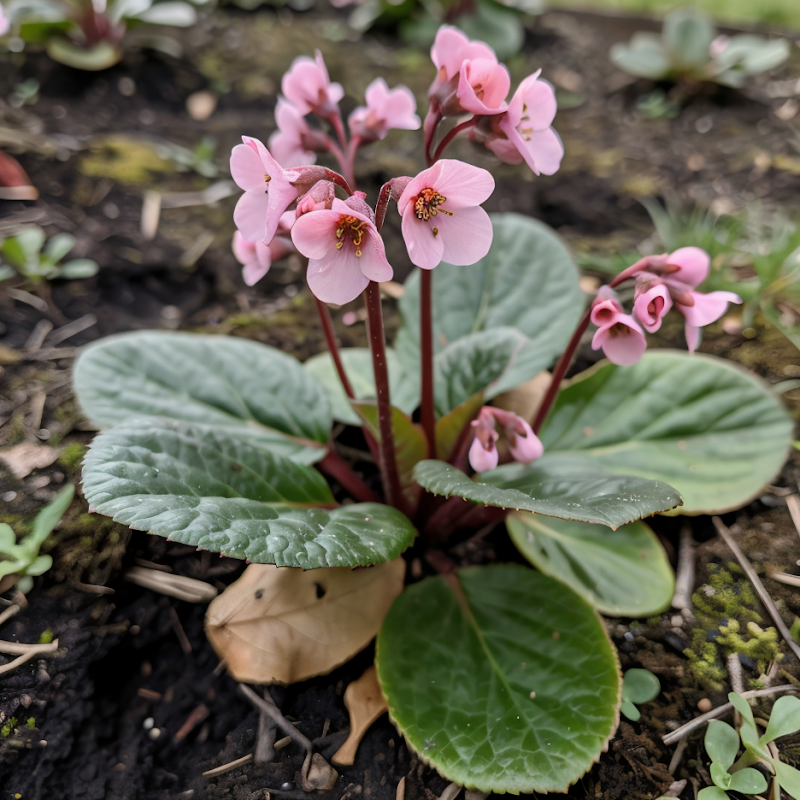 Bergenia 'Pink Dragonfly' in fioritura con fiori rosa vibranti