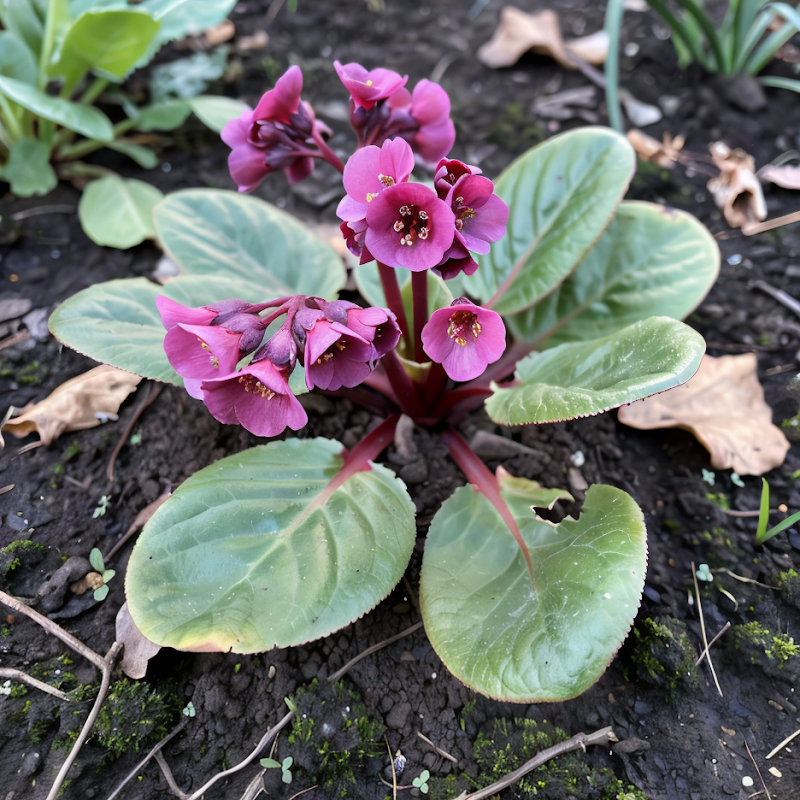 Bergenia cordifolia 'Bressingham Ruby' con foglie rubino e fiori rosa-fucsia