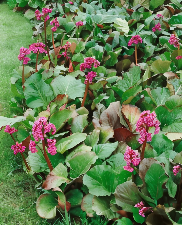 Bergenia cordifolia 'Winterglut' foglie lucide e fiori rosa intenso