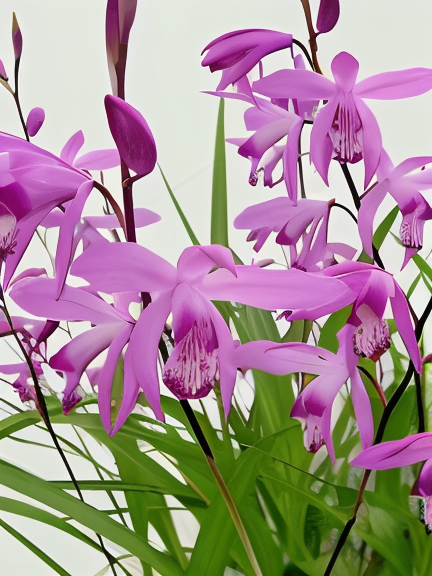 Bletilla striata 'Marcel Klapdrop' con fiori rosa-viola e foglie variegate in giardino ombreggiato