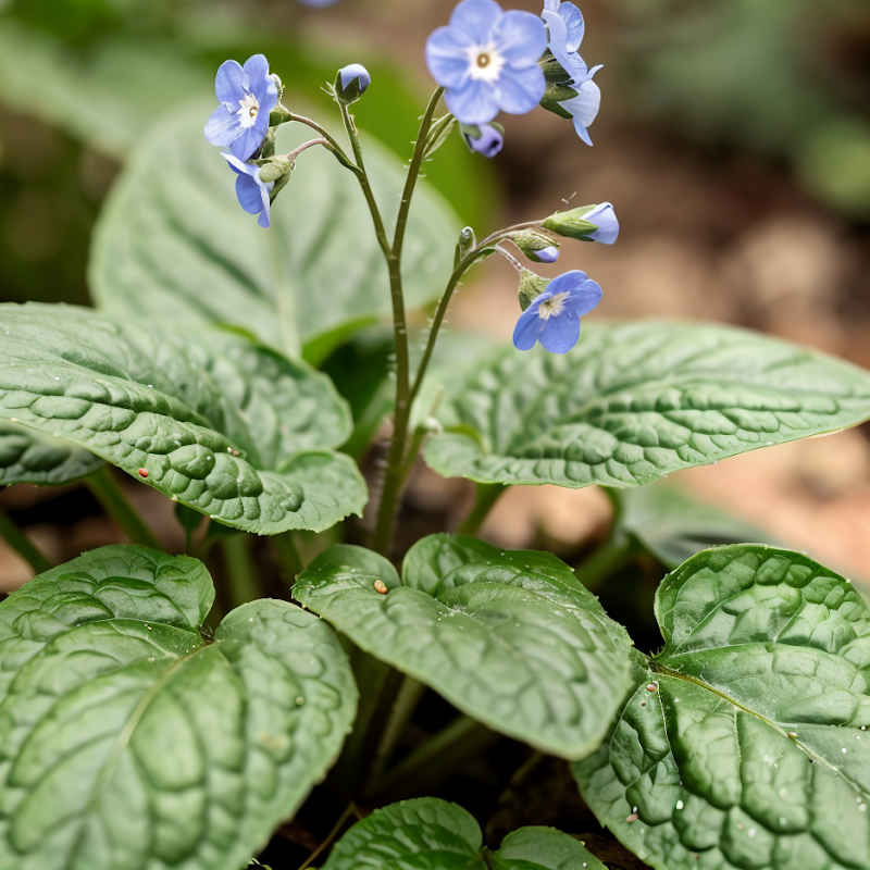 Brunnera macrophylla con foglie a cuore e fiori azzurri in un giardino ombreggiato