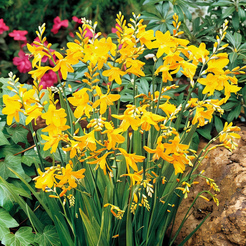 Crocosmia George Davidson, fiori giallo-arancio vibranti in piena fioritura