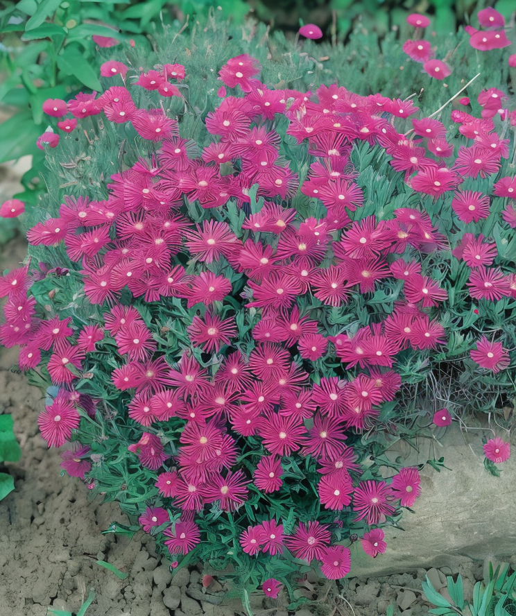 Delosperma cooperi in piena fioritura rosa-porpora tappezzante in giardino roccioso