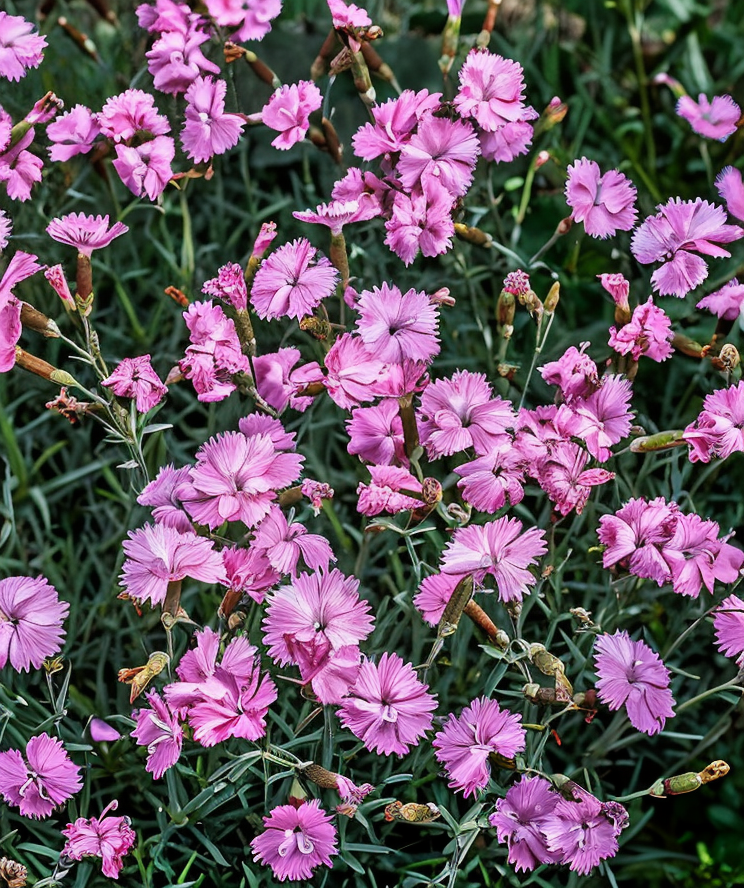Dianthus gratianopolitanus 'La Bourbille' con fiori rosa salmone in giardino roccioso.