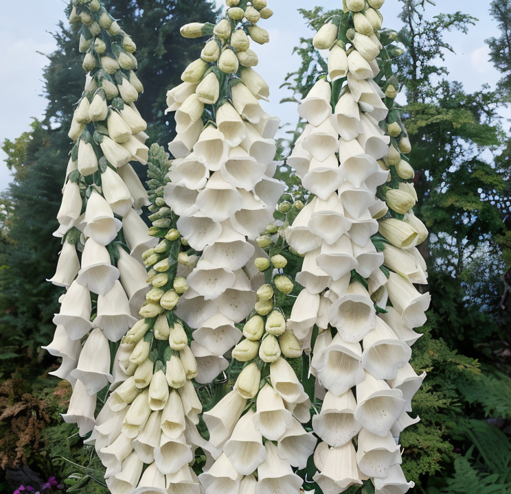 Digitalis purpurea 'Alba' fiorita, spighe bianche nel giardino cottage