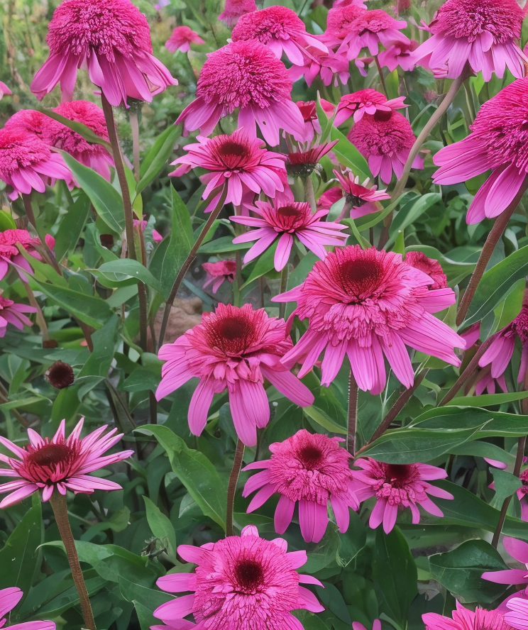 Echinacea purpurea 'Delicious Strawberry' in piena fioritura con petali rosa-arancio