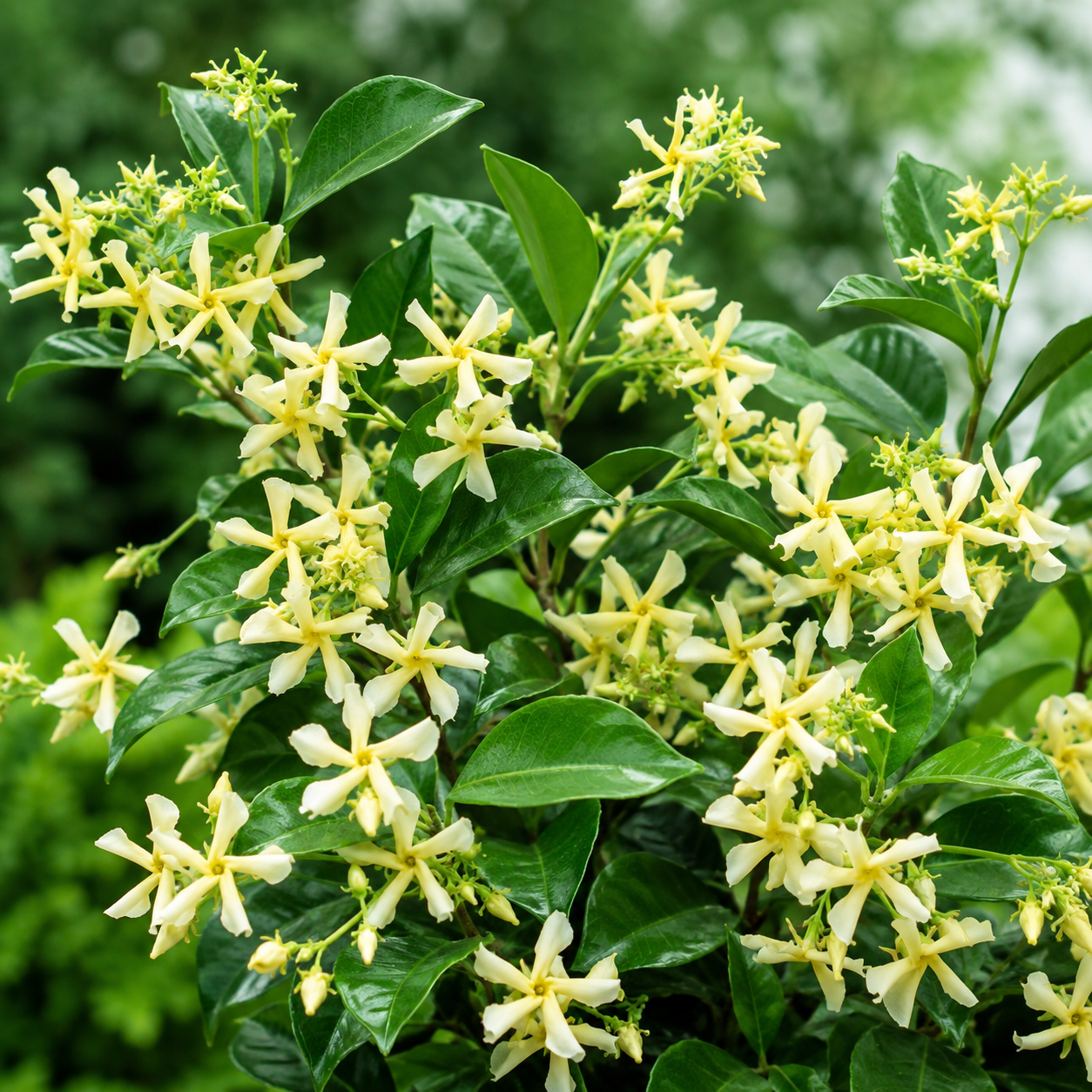 Fioritura compatta del Falso Gelsomino Trachelospermum jasminoides Chili & Vanilla con foglie verdi lucide